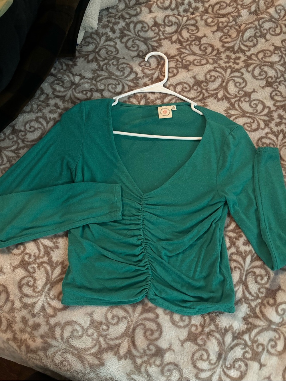 Ruched V-Neck Crop Top in Teal Green